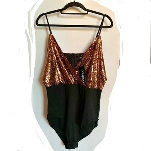 Plus Size Wrap Sequin Bodysuit in Bronze with Tag